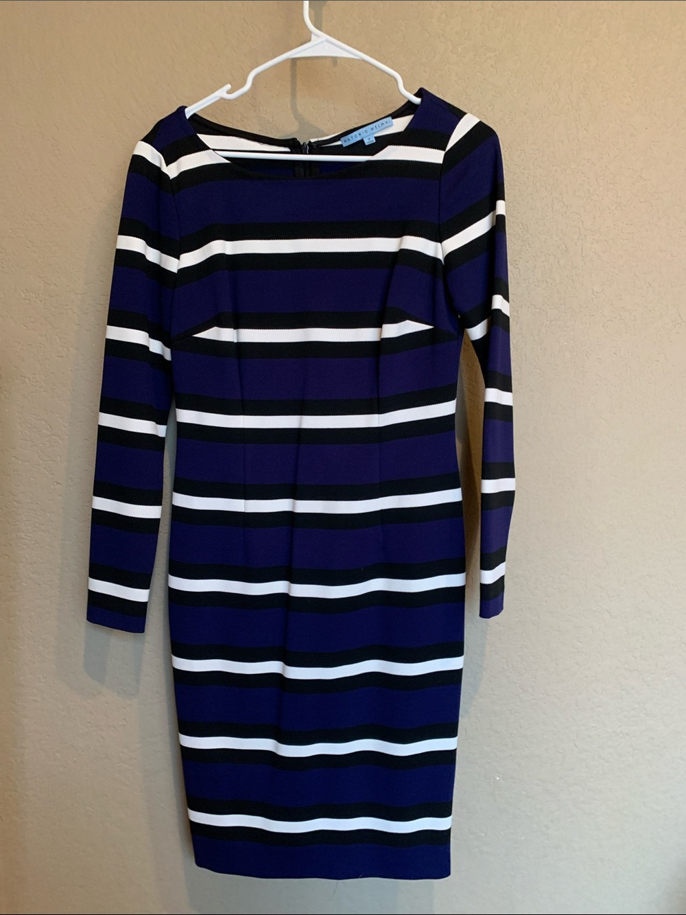 ANTONIO MELANI Blue, Black & White Striped Long-Sleeve Sheath Dress